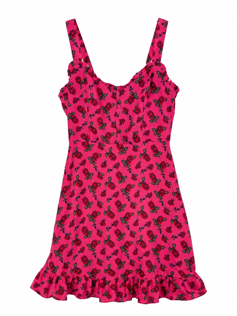 Betsey Johnson Rose Print Mini Dress Pink Black Ruffle Hem Y2K Coquette-Sz Small